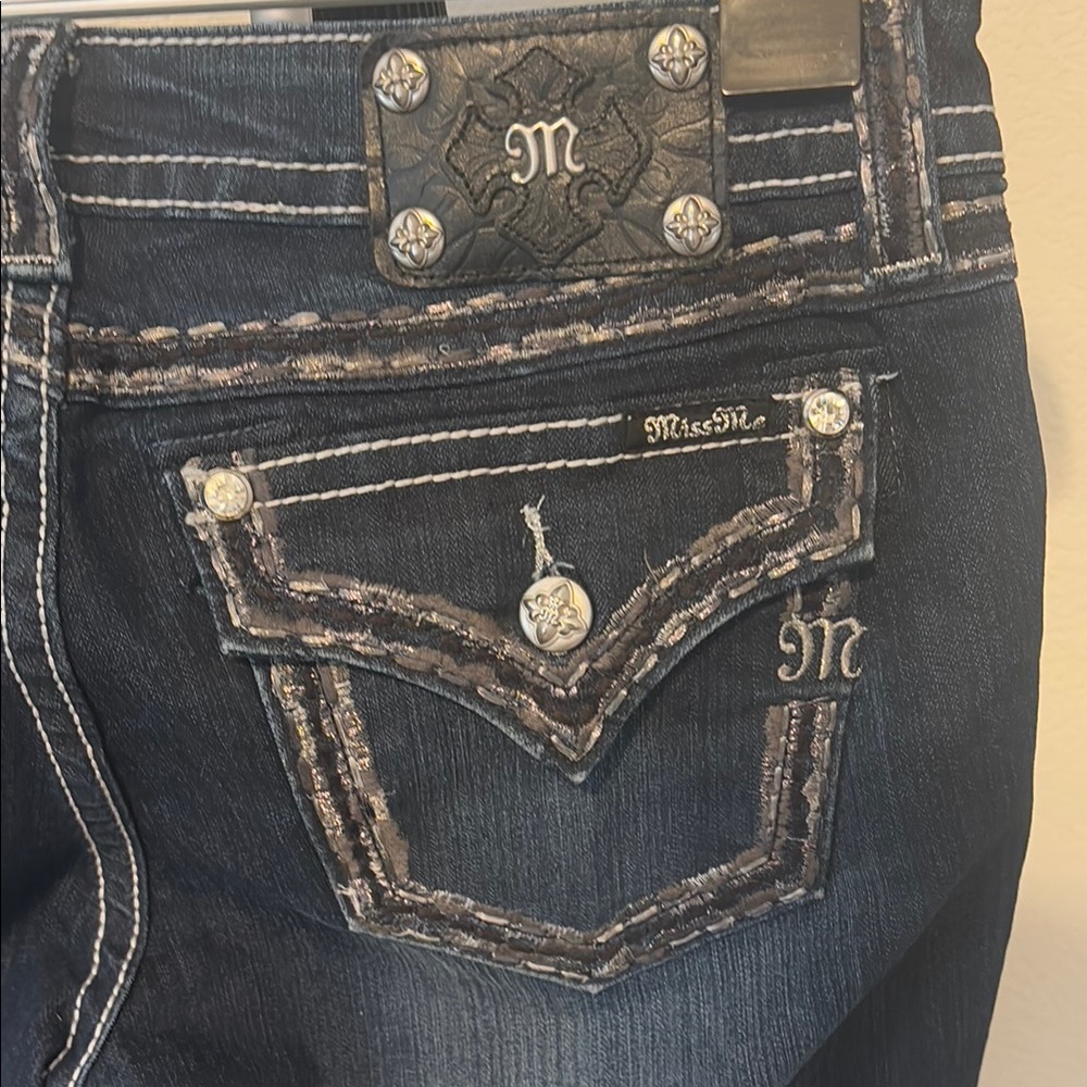 Miss Me Blue Boot Cut Jeans with Ornate Waistband
